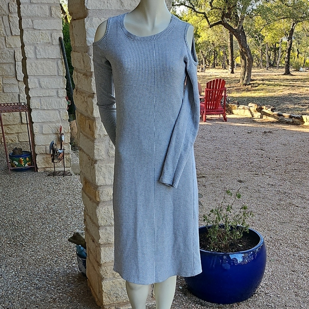 SOL LOS ANGELES, Gray Cold Shoulder Waffle Knit Cotton Blend Dress XXS - Picture 1 of 8